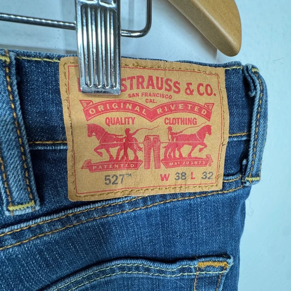 Levis 527 Slim Bootcut Jeans Mens 38x32 Dark Wash Stretch‎ Denim Blue Whiskered